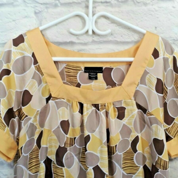 Apostrophe Brown Yellow Polka Dot Cap Sleeve Top - Picture 2 of 6